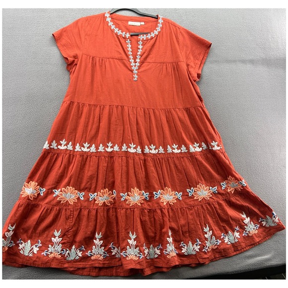 Roller Rabbit Dresses & Skirts - Roller Rabbit Dress Womens Sz L Orange Tiered Embroidered Midi